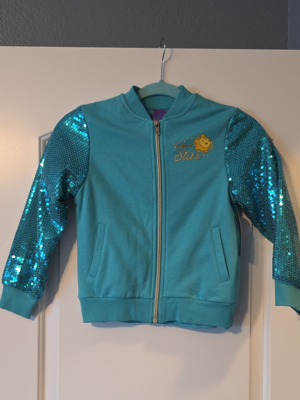 Disney Wish Teal Sequin Sleeve Zip-Up Jacket and Tshirt. Size S (6-6x)